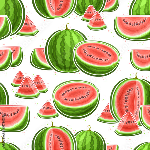 Vector Watermelon Seamless Pattern, decorative repeating background with chopped juicy watermelon composition, square poster with flying flat lay watermelon parts on white background for home interior