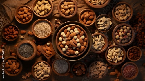 Assortment of nuts in wooden bowls. Nuts background. Top view. © Sumera