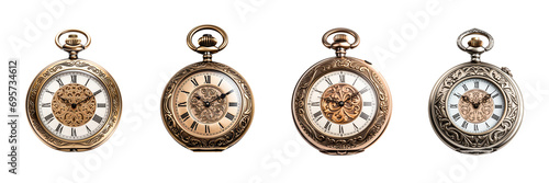 A vintage pocket watch with ornate engravings, isolated on a pristine on a transparent background