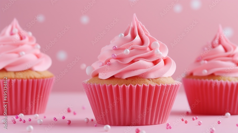 Delicious pink creamy cup cakes with a bright pink background that have copy space. - Background of banner advertising for food backers Delicious pink creamy cup cakes with a bright pink background that have copy space. - Background of banner advertising for food backers