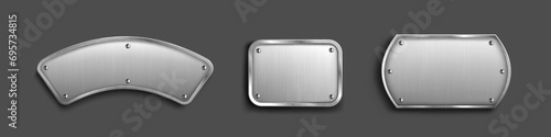 Set of steel tags with blank metal surface isolated on black background. Vector realistic illustration of silver or iron bolted plates, shiny button frames, nameplate badges with light reflection