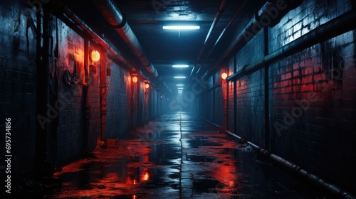 Fototapeta Naklejka Na Ścianę i Meble -  A dark lonely subway tunnel, Dark blue and red. Generative AI.