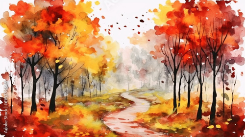 Abstract art autumn background with watercolor maple leaves and trees  Beautiful autumn leaves watercolor  ai generative