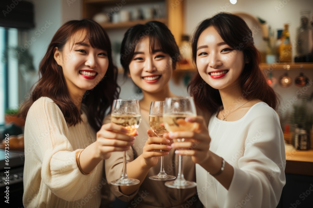 Three Korean women having a home party and toasting with cups. Generative AI. Three Korean women having a home party and toasting with cups. Generative AI.