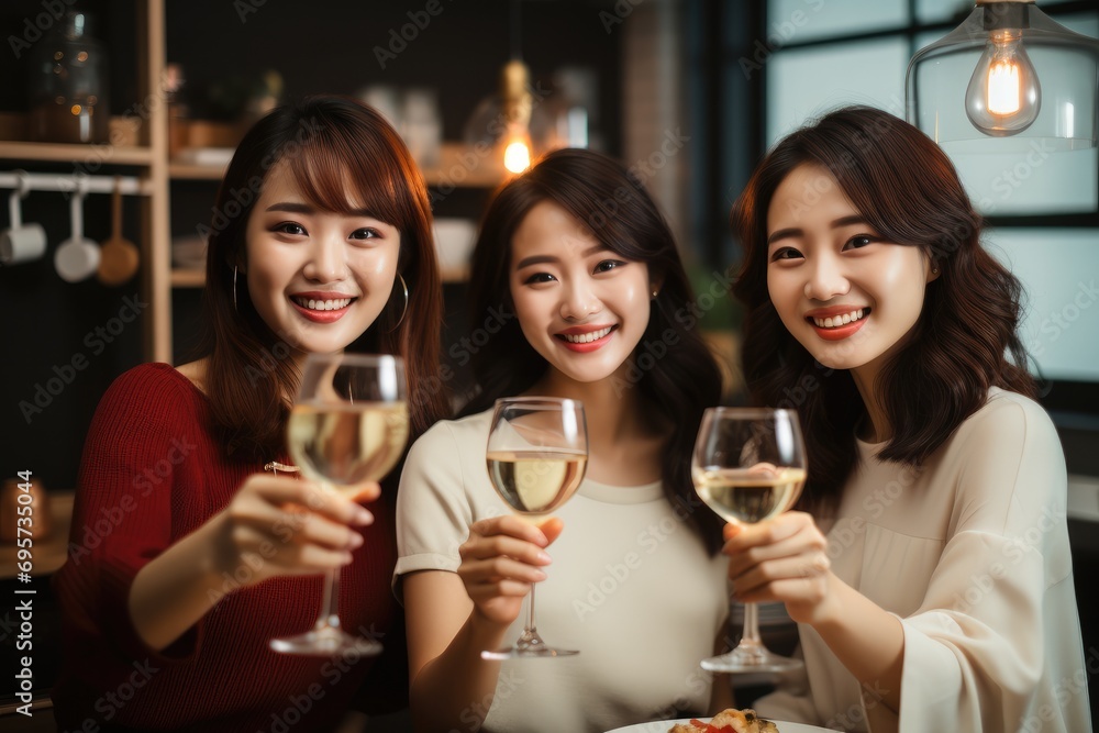 Three Korean women having a home party and toasting with cups. Generative AI.