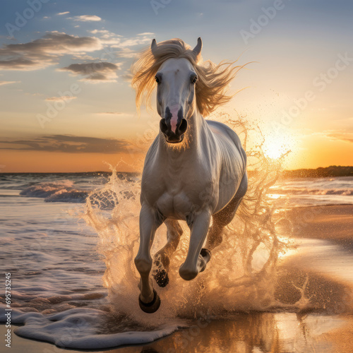 Winning photo, wild white horse running free on the beach sunset photo