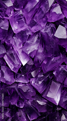 Violet amethyst transparent crystals background, closeup of photo