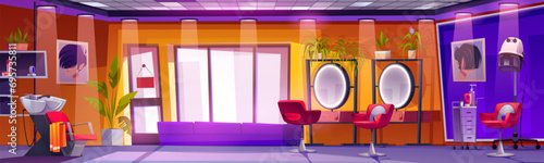 Hairdresser interior design. Vector cartoon illustration of beauty parlor salon room with mirrors and haircut posters on wall, armchairs, hairdryer, hair care cosmetic bottles on shelf, large window