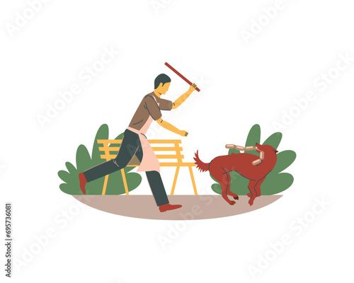 Man with a baseball bat hit a wild dog stealing sausages in the park. Flat vector illustration.