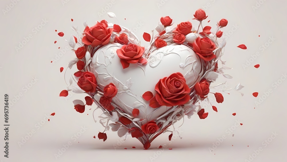 heart made of paint splashes 3D rendering of a red rose against a pure white background, evoking the essence of classic romance and love.
