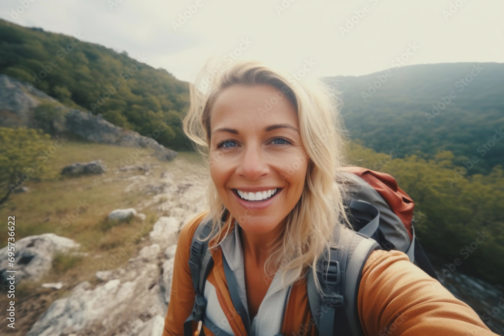 Smiling middle age blonde woman taking selfie while hiking alone in mountains with backpack