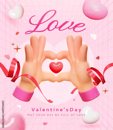3D love hand sign Valentine poster