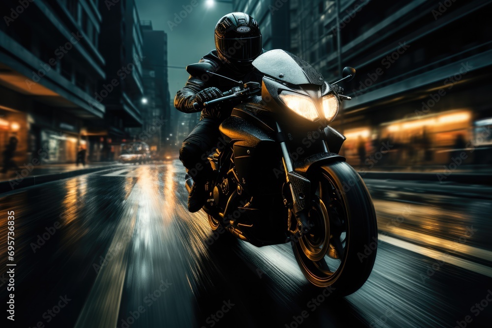 Ride a motorcycle on dark environment, Urban background. Generative AI.