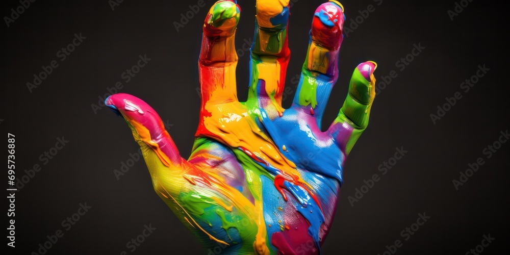 Hand raised in a fist, adorned with rainbow colors, symbolizing Gay Pride and the LGBT concept.