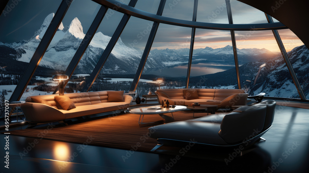A huge luxurious futuristic spacious lounge with large panoramic windows atop of snowy mountains at night. Generative AI. - obrazy, fototapety, plakaty 