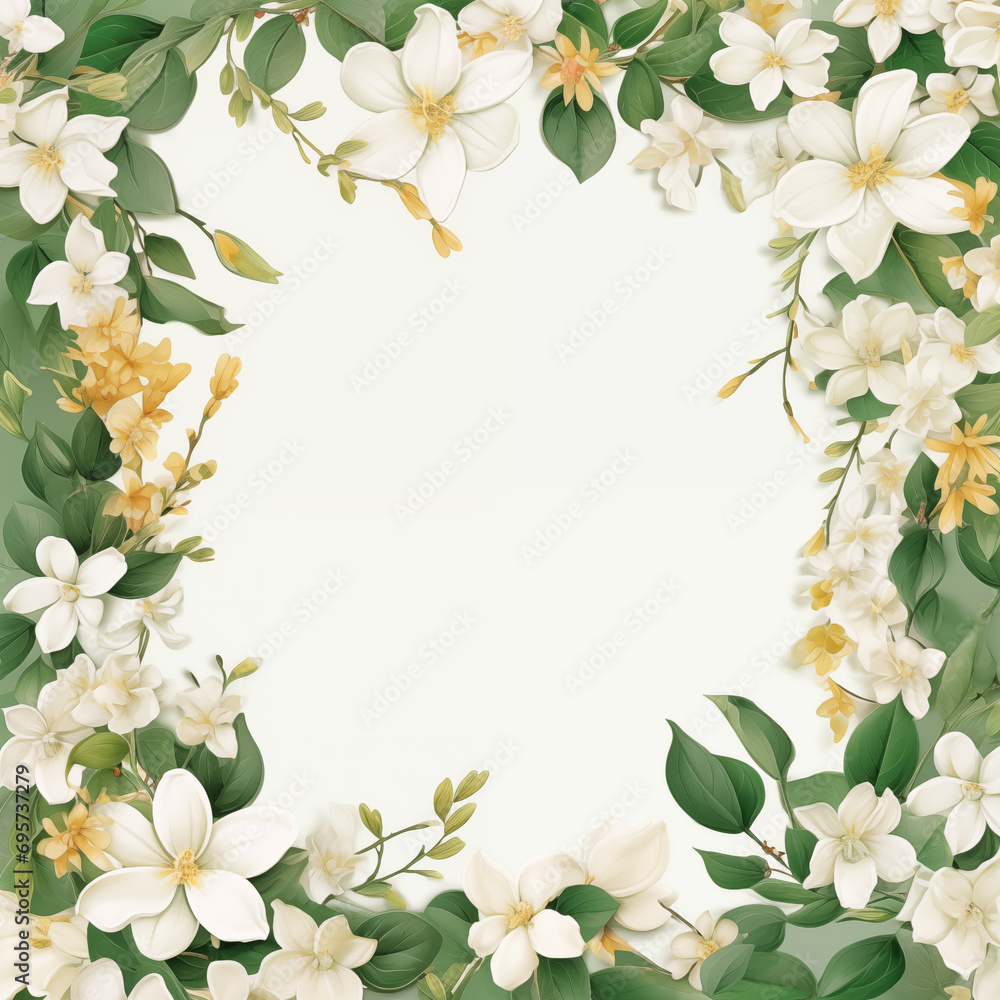 Beautiful and elegant wedding invitation background, white and green colored paper, including white jasmine and marigold flower.