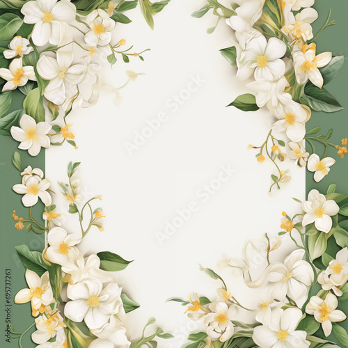 Beautiful and elegant wedding invitation background  white and green colored paper  including white jasmine and marigold flower.