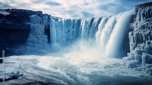 Rapid flow of water powerful Selfoss cascade. Unusual and gorgeous scene. Popular tourist attraction. 