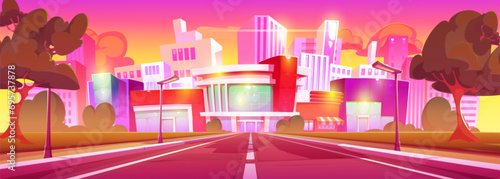 Cartoon sunrise or sunset city landscape with road leads to high rise modern buildings with apartments, offices and stores. Vector town street under pink sun light. Downtown cityscape with highway.