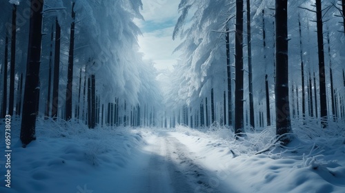 Country forest road with snowy. Generative AI. © visoot