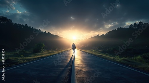 wide shot man walking on an empty dark road