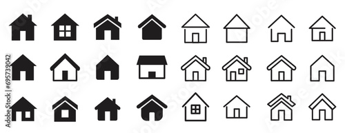 House Icon Set. Home vector illustration symbol. Collection home icons. House symbol. Set of real estate objects and houses black icons isolated on white background. Vector illustration. 