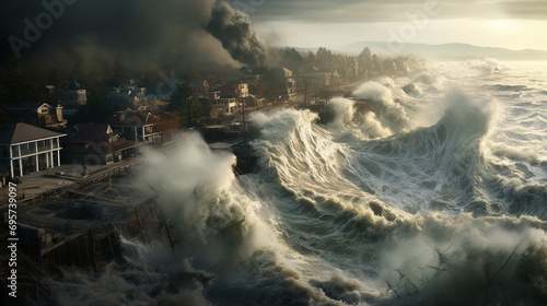 Fotografia massive flood swallowing up a coastal town