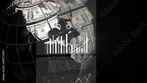 Animation of data processing over globe with american dollar bills on black background
