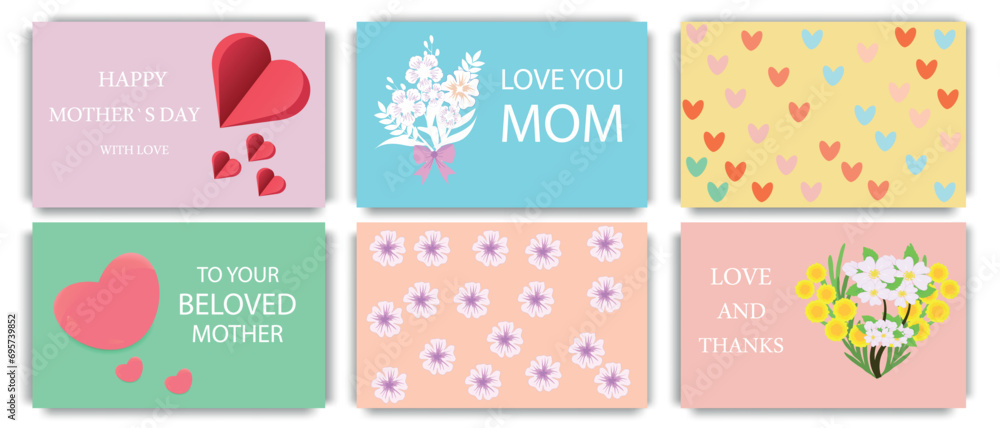 A set of Mother's Day greeting cards with bouquets of flowers and hearts on backgrounds in bed colors. Holiday concept. Vector illustration. A set of Mother's Day greeting cards with bouquets of flowers and hearts on backgrounds in bed colors. Holiday concept. Vector illustration.