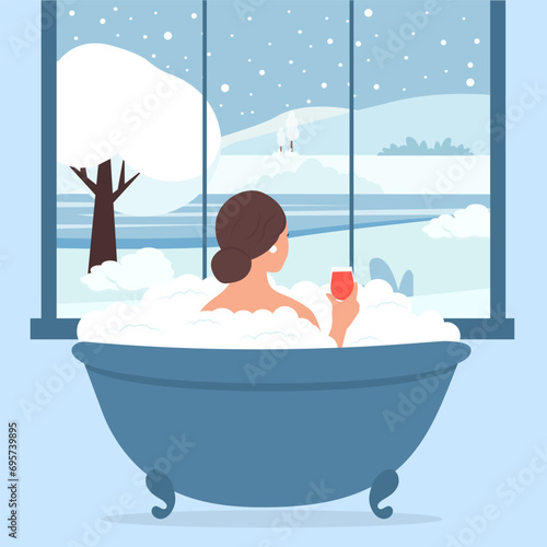 Relaxed woman taking bath, lying in foam bubbles. A lady with a wineglass enjoys the winter landscape. . Vector illustration