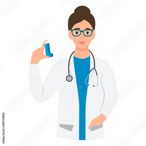 A  doctor woman holds an inhaler in his hands.  World Asthma Day.Inhalation drug. Vector illustration isolated on white background
