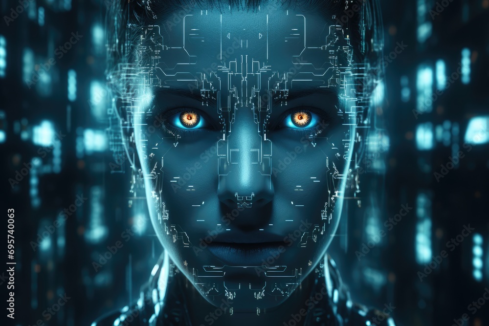 3D rendering image of face recognition in digital and glitch style, Light black and cyan colors. Generative AI. 3D rendering image of face recognition in digital and glitch style, Light black and cyan colors. Generative AI.