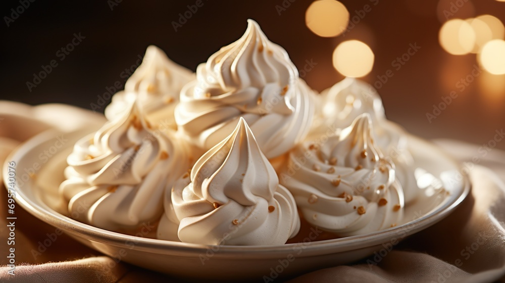 Close up of Homemade delicious meringue vanilla cookies over a rustic kitchen background. Confectionery, recipes, restaurant menu. Yummy meringue summer dessert. Close up of Homemade delicious meringue vanilla cookies over a rustic kitchen background. Confectionery, recipes, restaurant menu. Yummy meringue summer dessert.