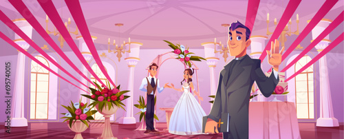 Groom and bride under wedding arch draped and decorated with flowers and pastor waving hand in festive ballroom or banquet hall. Cartoon happy couple in romantic marriage setup with rose bouquet.