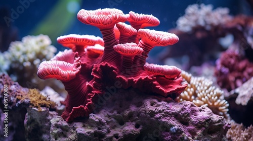 Red mushroom coral colony in the reef aquarium tank.