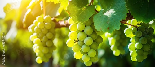 Green wine grapes ripening on grape plants during the Dutch vineyard's summer. photo
