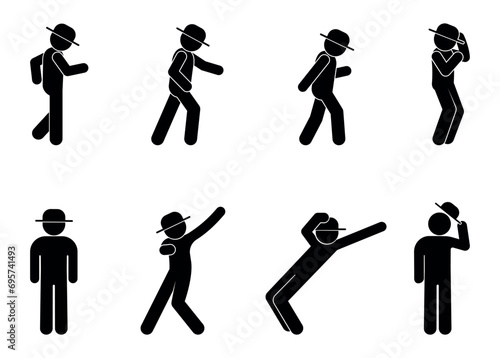 dancing man in hat, stick figure human silhouette, dance icon, dance moves illustration