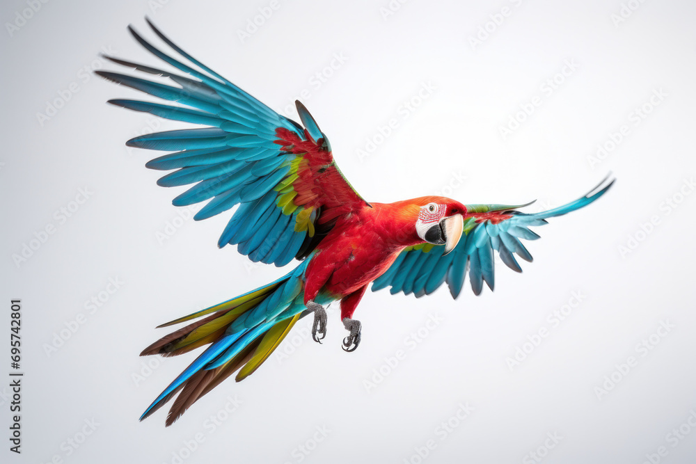 Fototapeta premium A beautiful colorful parrot flying on white background.
