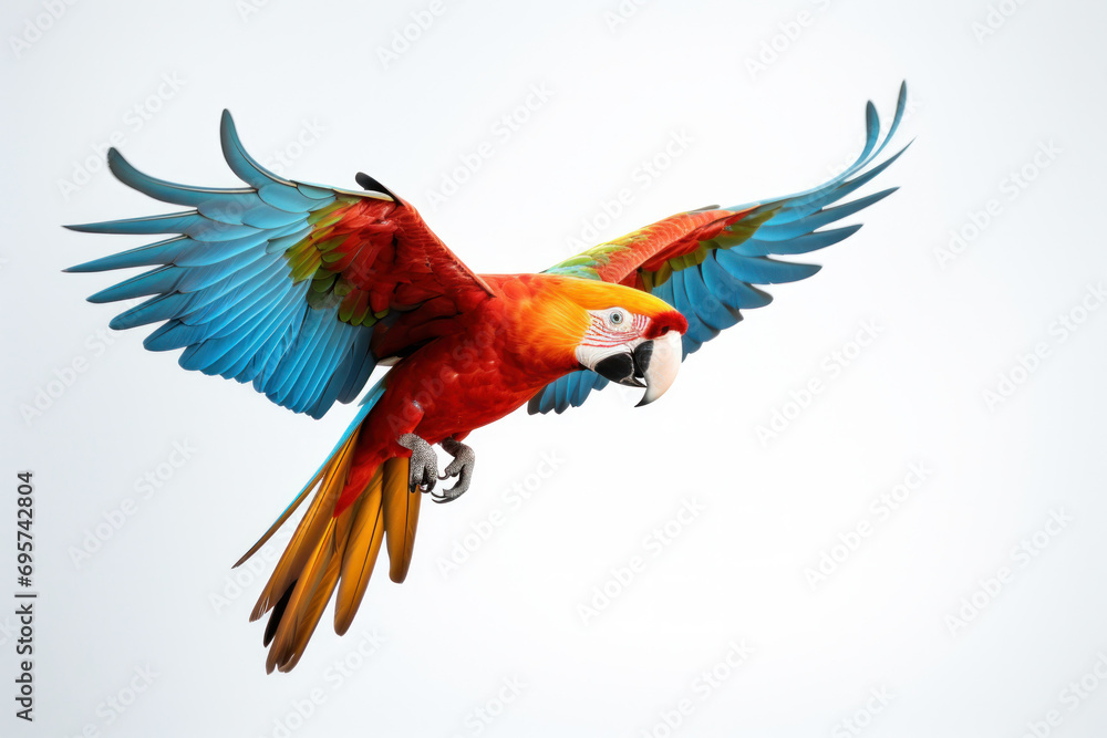 A beautiful colorful parrot flying on white background.