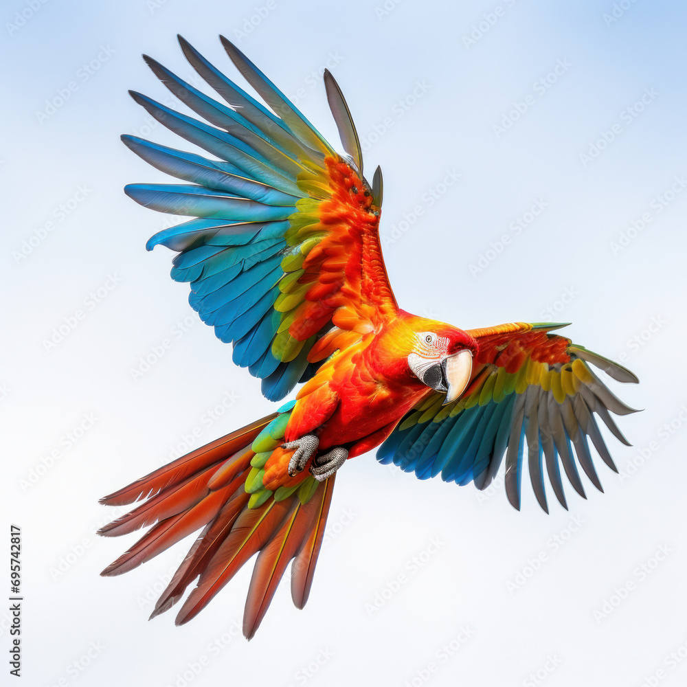 Fototapeta premium A beautiful colorful parrot flying on white background.