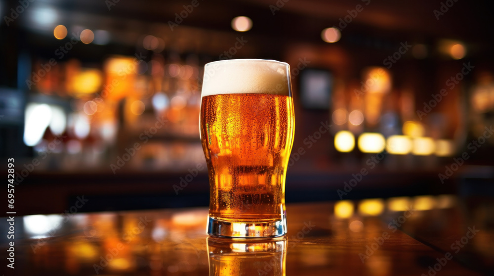 A light beer that is poured from beer tap on bar counter.