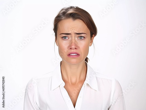 Portrait of sad, crying woman in business suit. Unhappy young woman.