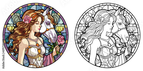 Stunning Woman and Unicorn Coloring Page: 1980s Stained Glass Inspired – Flat Color Vector on White Background