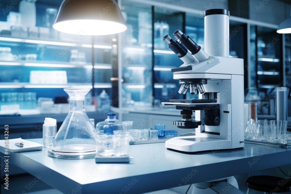 Naklejka premium A microscope with lab glassware in modern medical laboratory.