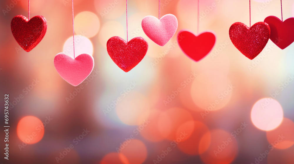 Cute hearts hanging on a bokeh background with copy text space - ai generative Cute hearts hanging on a bokeh background with copy text space - ai generative