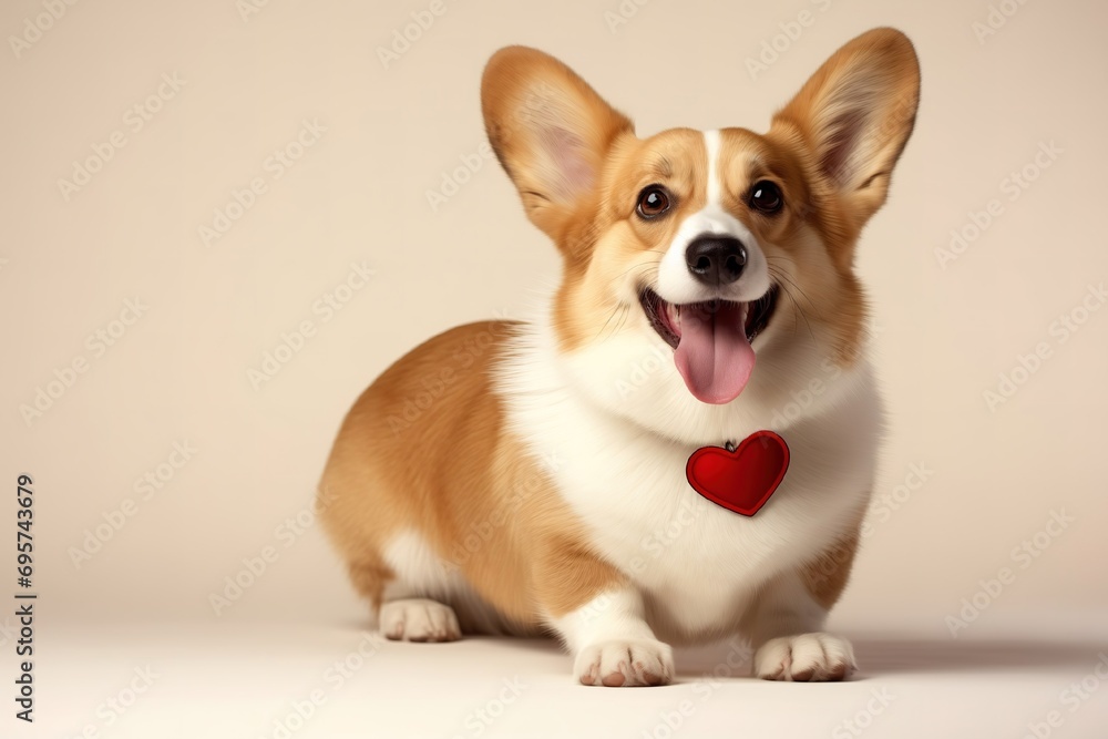 cute funny corgi holding red heart in studio. Concept Valentines day cute funny corgi holding red heart in studio. Concept Valentines day