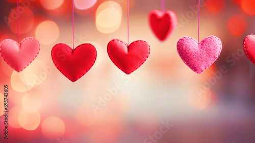 Cute hearts hanging on a bokeh background with copy text space - ai generative