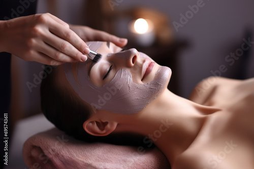 cosmetologist put a mask on a beautiful woman face to rejuvenate. Skin care pocedure