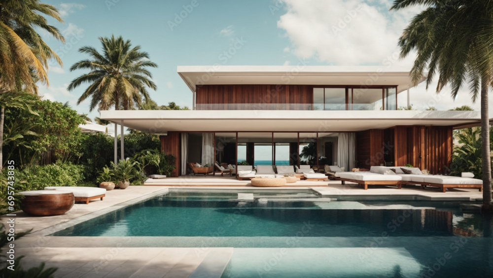 Fototapeta premium Beautiful modern style luxury exterior of a house with a pool on a tropical island. generative AI
