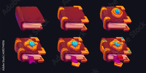 Magic book with hard cover and parchment - game level rank ui assets. Cartoon set of evolution stages of ancient fantasy paper book decorated with gold gems, gui design. Growing steps of library item.